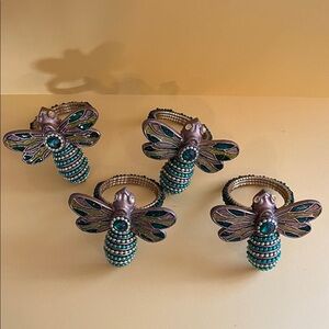 Vintage Bee Gold Green Enamel Beaded Napkin Rings Retro 4